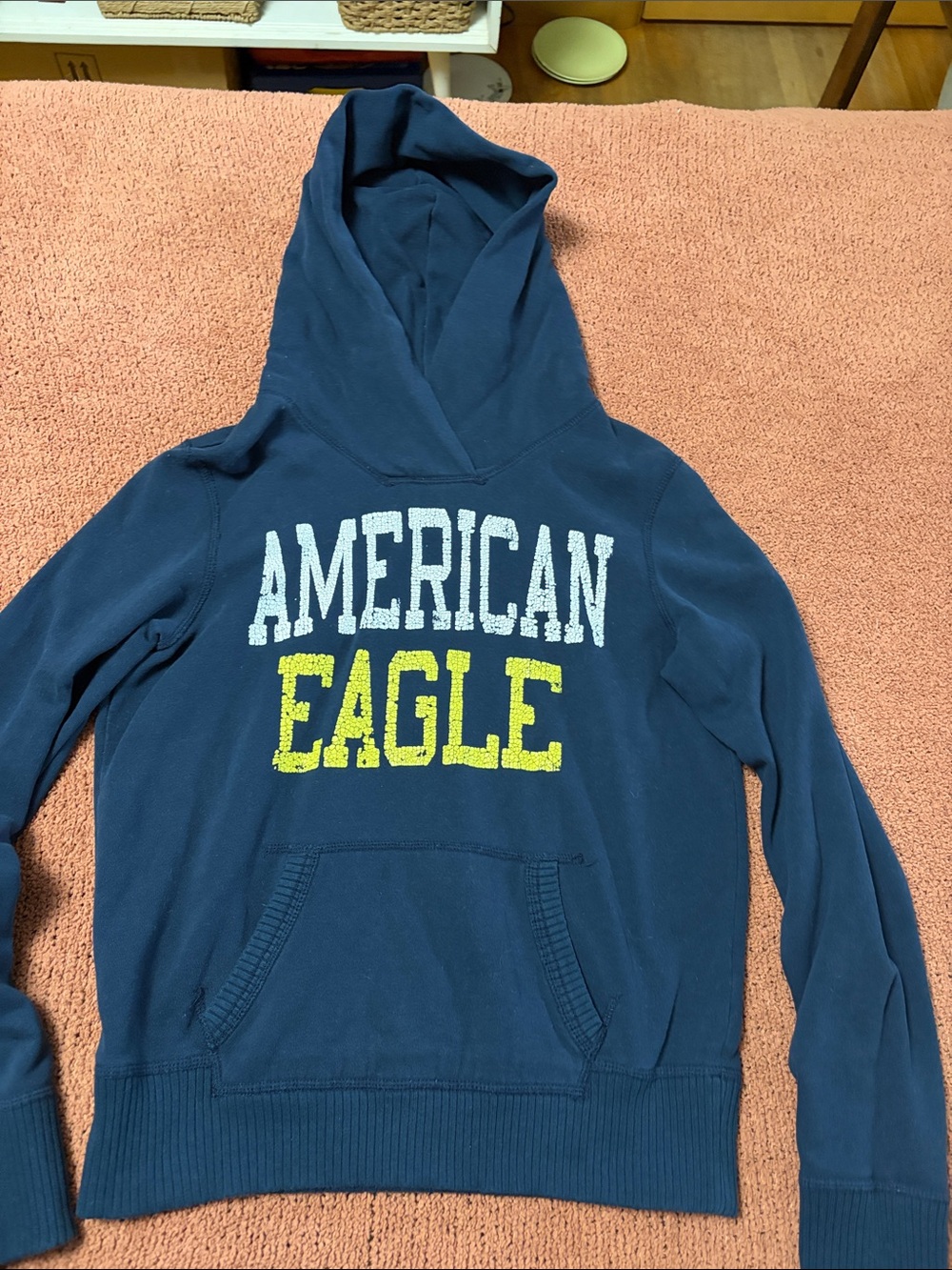 American Eagle Outfitters Navy Hoodie with Yellow and White Logo